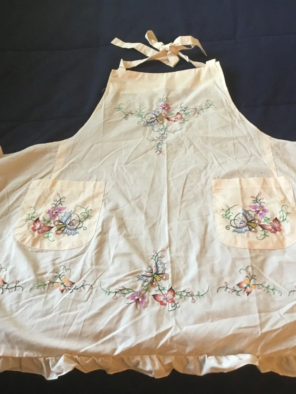 Vintage Chinese embroidered  pinafore cotton apron bone with multi color floral